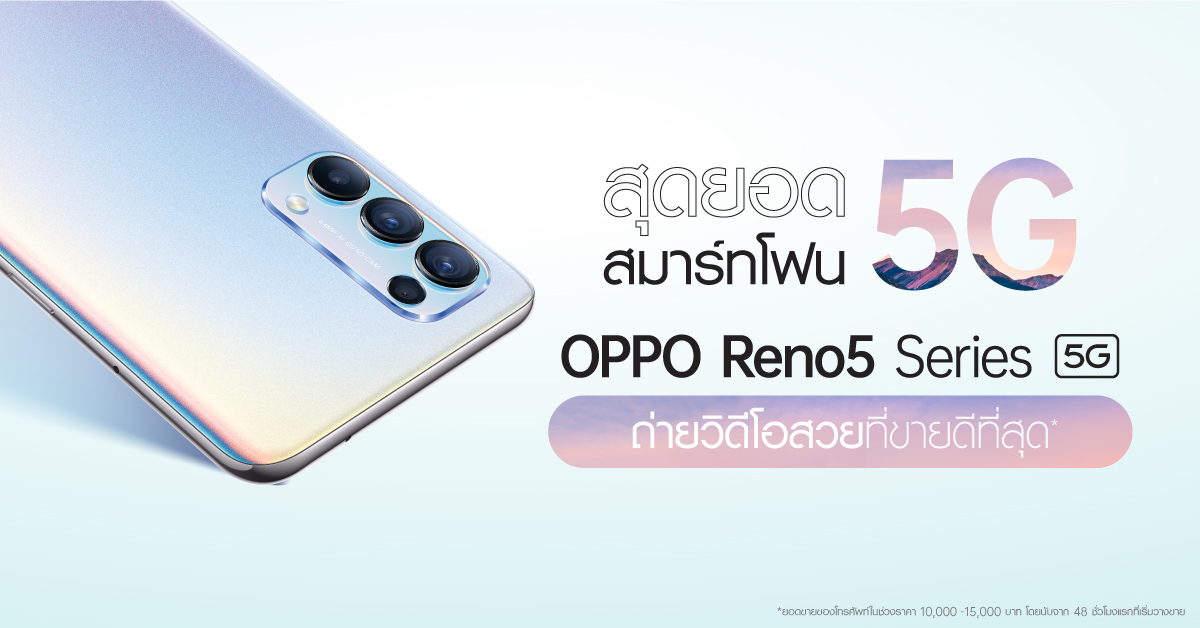 แรงไม่หยุด! OPPO Reno5 Series 5G สมาร์ทโฟน 5G ที่สุดของวิดีโอ Portrait พร้อมขึ้นแท่นสมาร์ทโฟนที่มียอดขายอันดับ 1