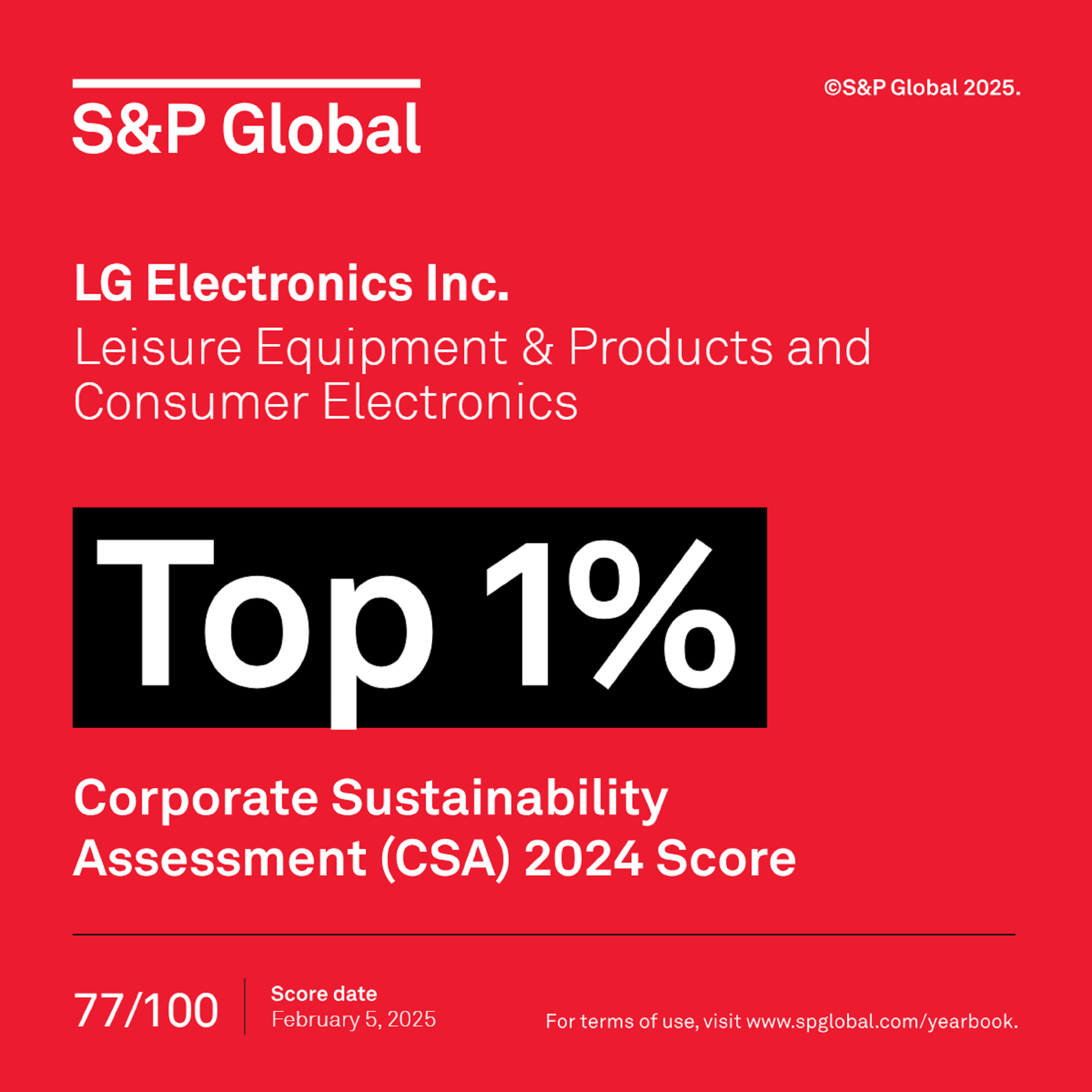 แอลจี ได้รับการจัดอันดับด้านความยั่งยืนระดับ "TOP 1%" จาก S&P Global  เป็นปีที่สองติดต่อกัน