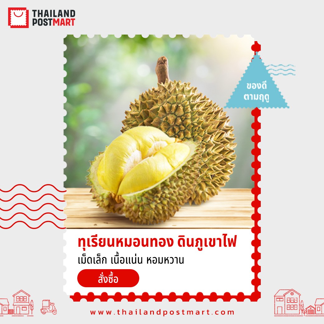 ต้องลอง!! ไปรษณีย์ไทย เปิดจำหน่าย “ทุเรียนหมอนทองดินภูเขาไฟศรีสะเกษ”  ตัวท็อปและของดีประจำซีซั่น “ลูกใหญ่ เนื้อแน่น ส่งตรงจากสวน” จ.ศรีสะเกษ สั่งได้ที่ ThailandPostMart